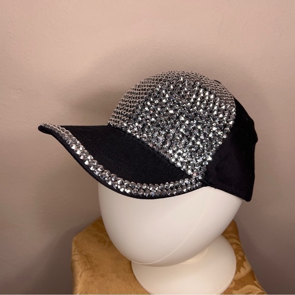 BLACK STUDDED SPARKLE WOMENS HAT BIKER GOTH PUNK SILVER - Picture 7 of 10